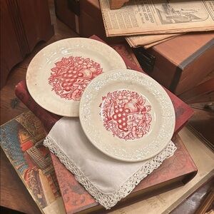 Vintage Stained and Crazed Red Transferware Homer Laughlin Plate Set